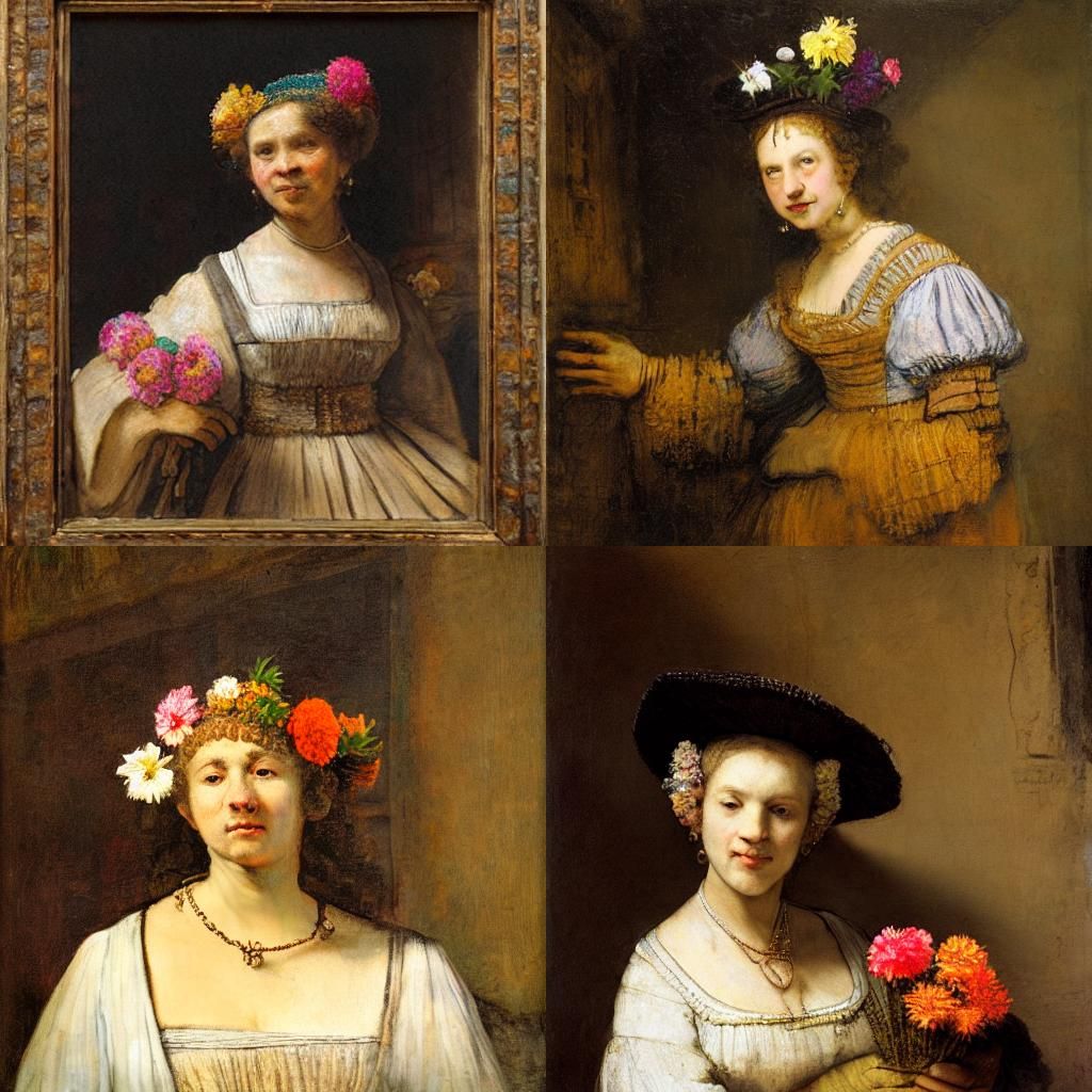 Four images of a woman with flowers in her hair.