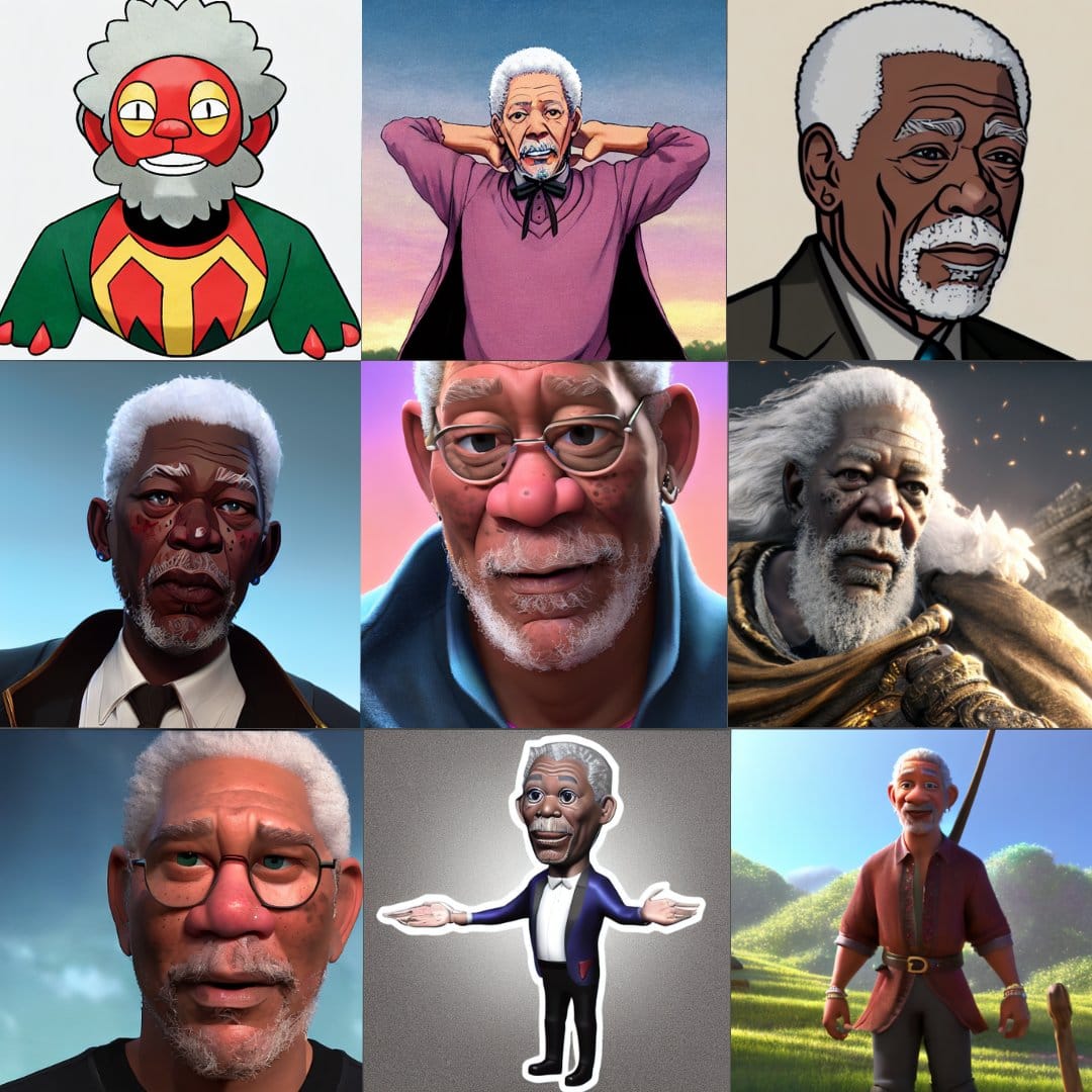 Nine images of Morgan Freeman, laid out in a three by three grid. The images are in a variety of cartoon styles.