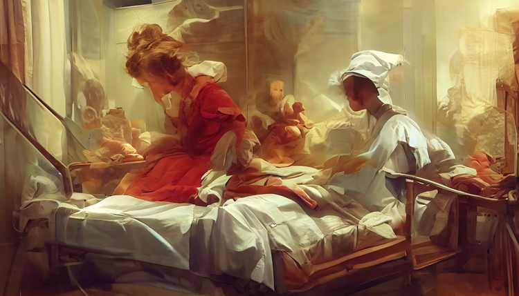 AI-generated image reminiscent of oil-painted nurses over a bed.