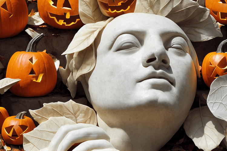 A marble bust surrounded by leaves, over a background of poorly-generated jack-o-lanterns.