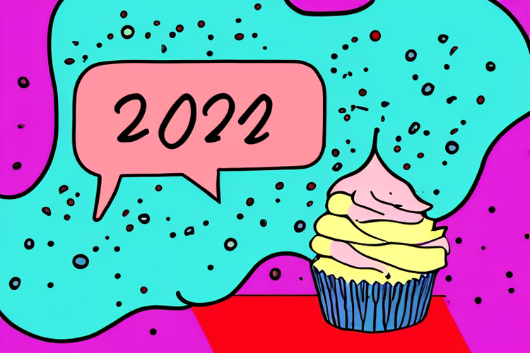 A cartoonish cupcake, with a speech bubble saying “2022”, generated by Stable Diffusion 2.1
