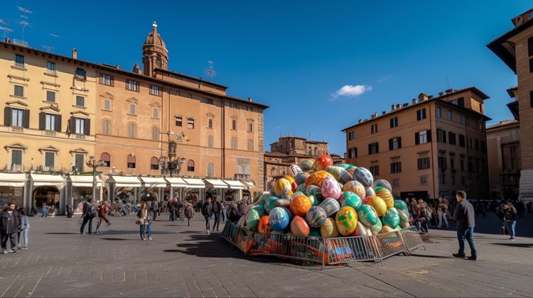 Pile of giant easter eggs in an Italian town square, generated by Midjourney