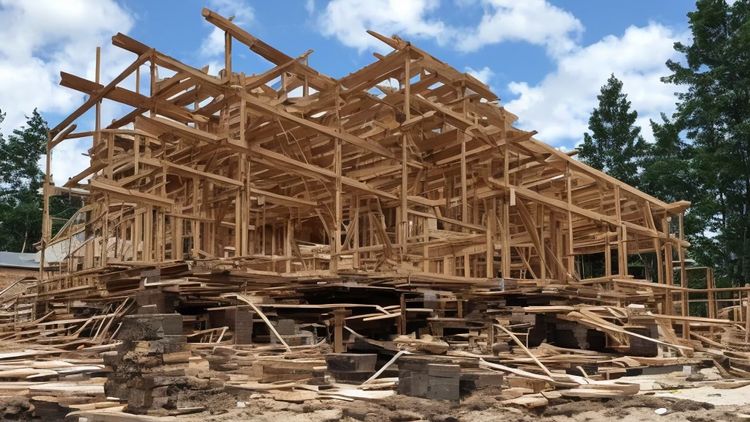 Foreground: a pile of lumber, vaguely structured in the shape of a house. Background: blue skies, trees.