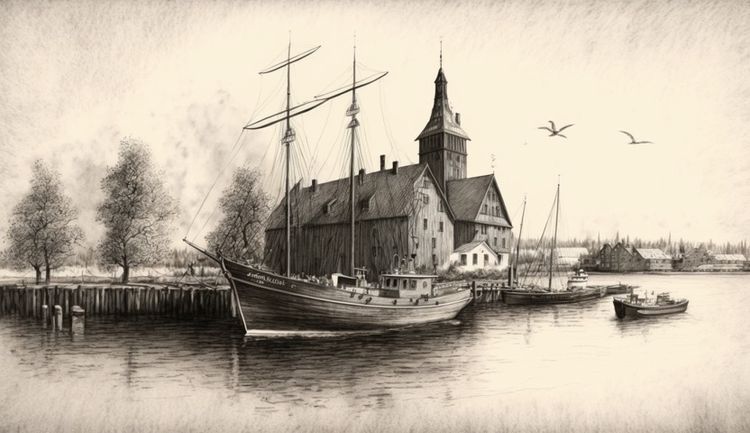 Sailboats in front of a church, with trees and birds, in the style of a pencil sketch.