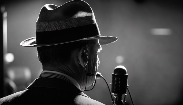 A man wearing a suit and hat, speaking into an old-fashioned microphone, taken from behind. Black and white.
