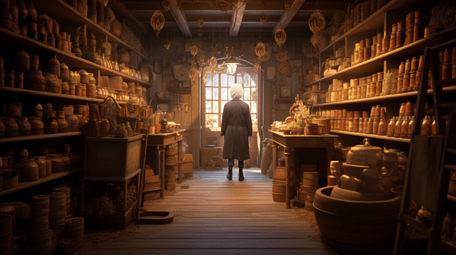 1800s shopkeeper, seen from behind, looking at their store with shelves full of goods