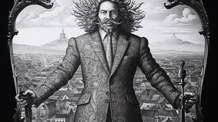 A bearded man in a suit, holding a scepter, in front of a town. After the style of the engraved frontispiecHobbes’ Leviathan.