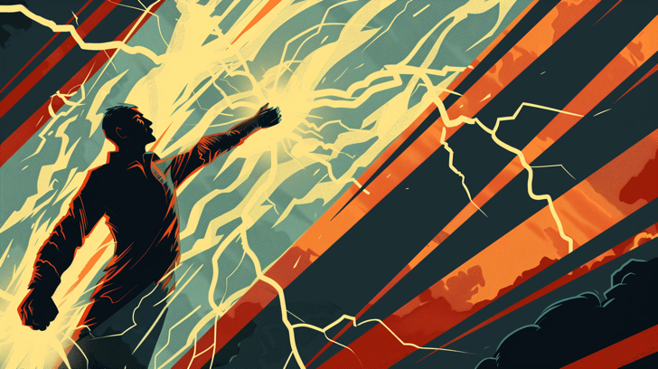 Person leaning forward to grab lightning bolts, generated vaguely in the style of an art deco propaganda poster.