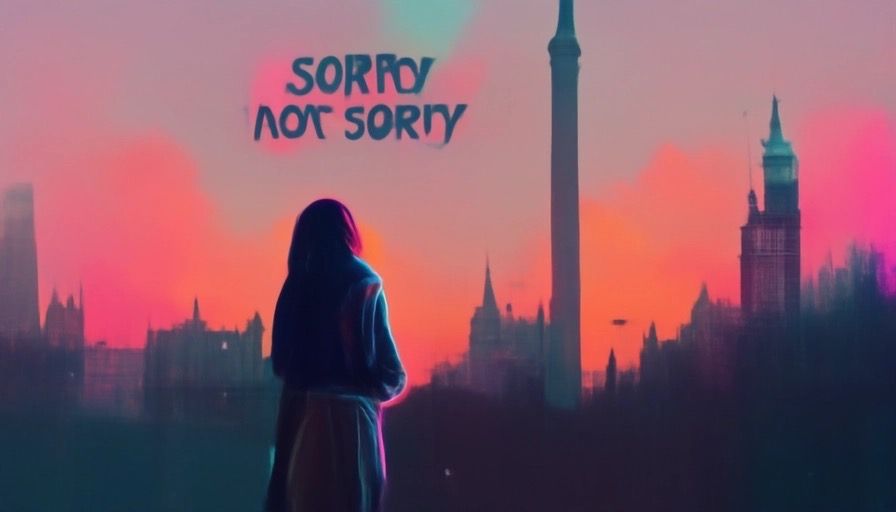 Woman looking at city skyline at dusk, with words "sorry, not sorry" visible in sky. (Generated by mid journey)
