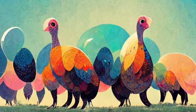 Colorful turkeys in a vaguely anime-inspired style.