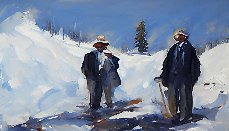 Two attorneys in the snow, in the style of a rough oil painting.