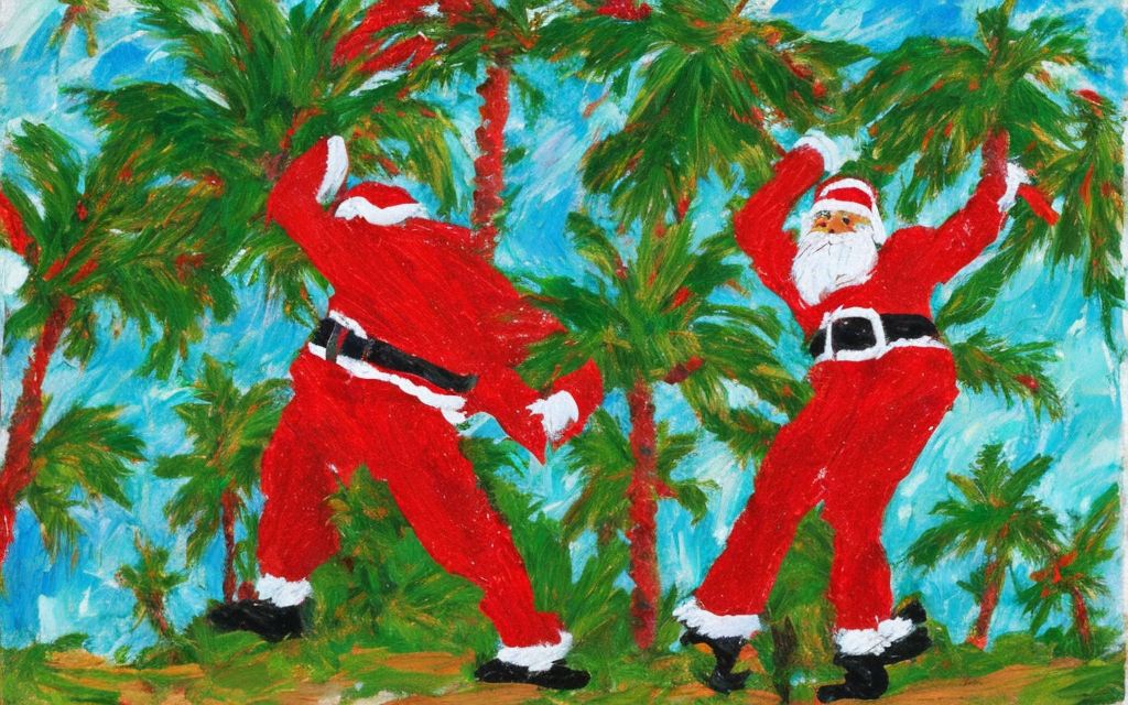 Two impressionistic Santas dancing under palm trees, generated by machine learning