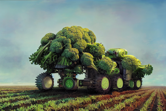 A robot with many visible wheels, rolling through a field. It is made of broccoli.