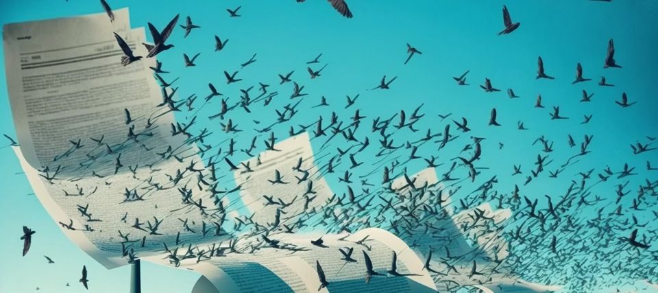 Flock of birds over large pieces of paper that look like contracts (AI-generated image)