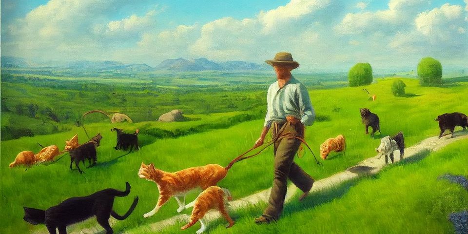 Rusticly-dressed man herding cats, with a green valley and mountains in the far background. In the style of an oil painting,