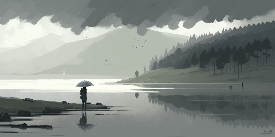 A body of water with a single person holding an umbrella and cloudy skies above. Mostly grey.