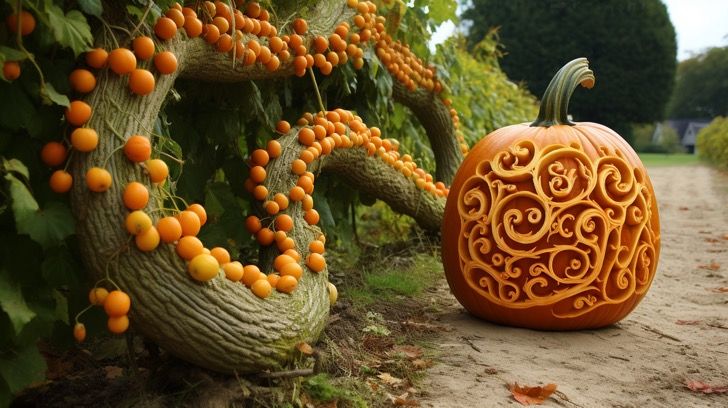 A fantastically carved jackolantern, next to an unnatural/clearly-AI-generated pumpkin vine. Via midjourney.