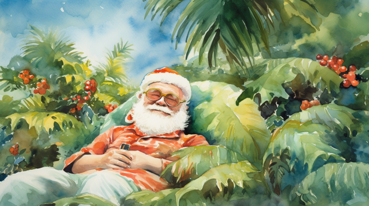 Santa, wearing sunglasses, asleep in a mix of palm trees and holly bushes, in a slightly abstract watercolor style. Via mid