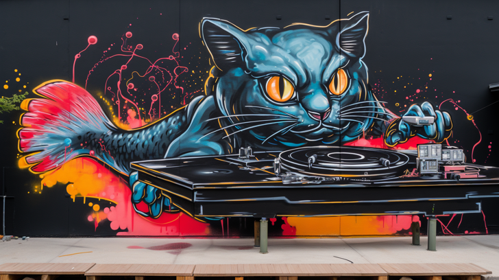A graffiti-style mural of a fish with a cat’s head, djing at a turntable.